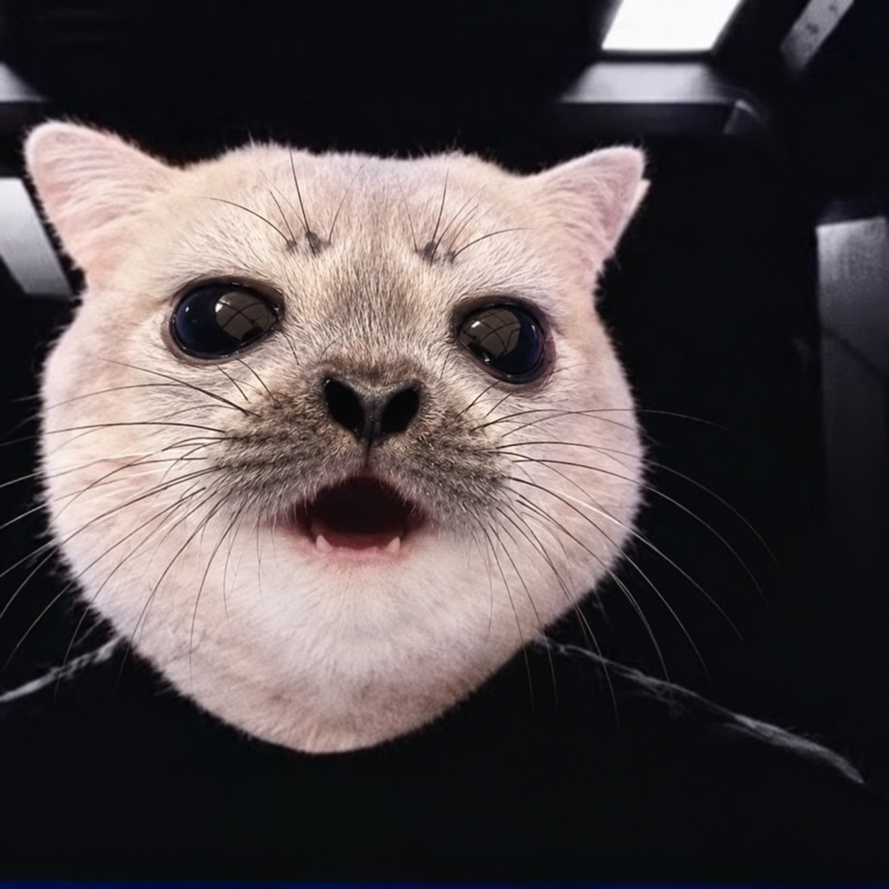 Cream cat character in a black commander's suit